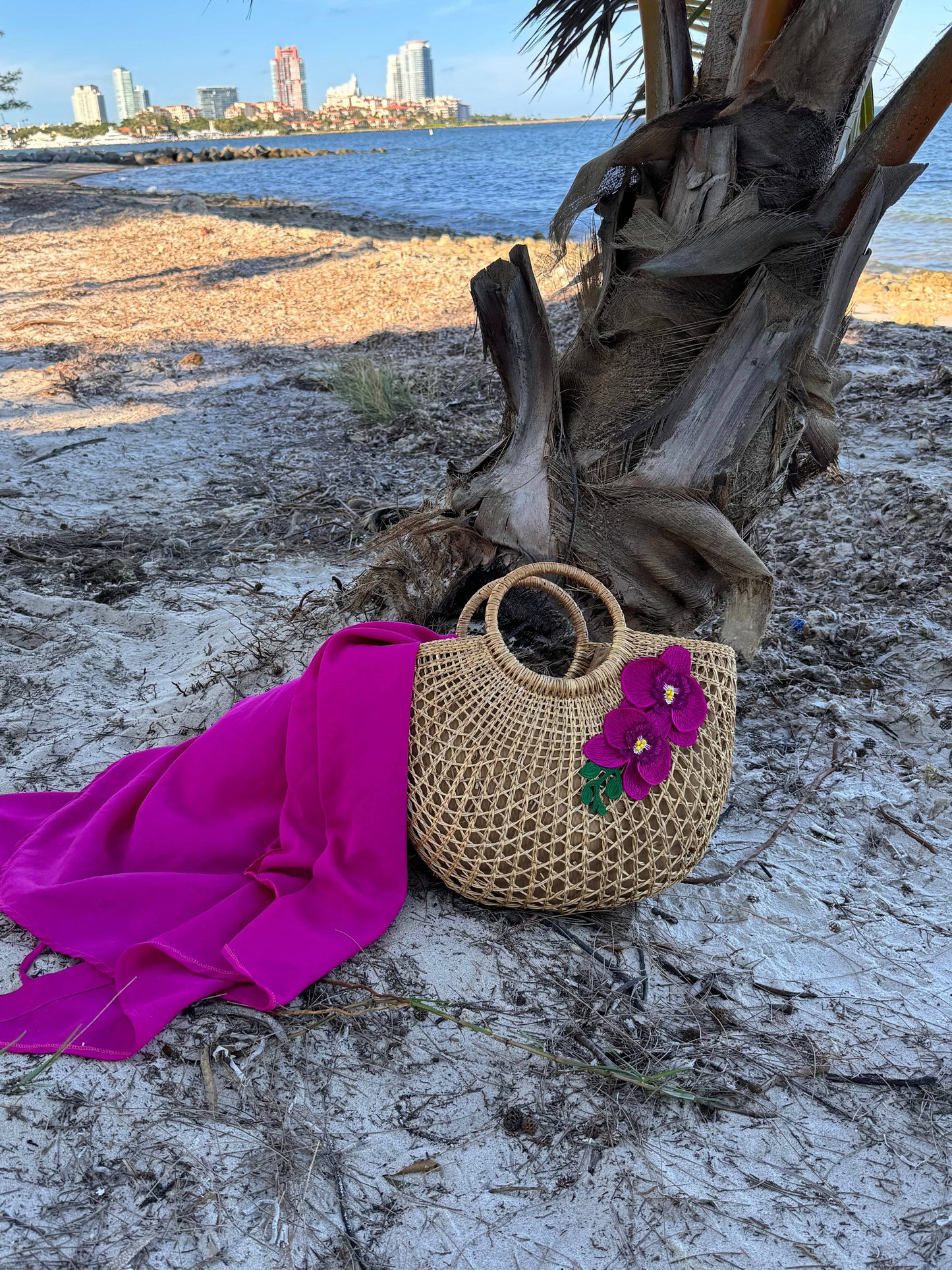 Island Orchid Straw Beach Bag